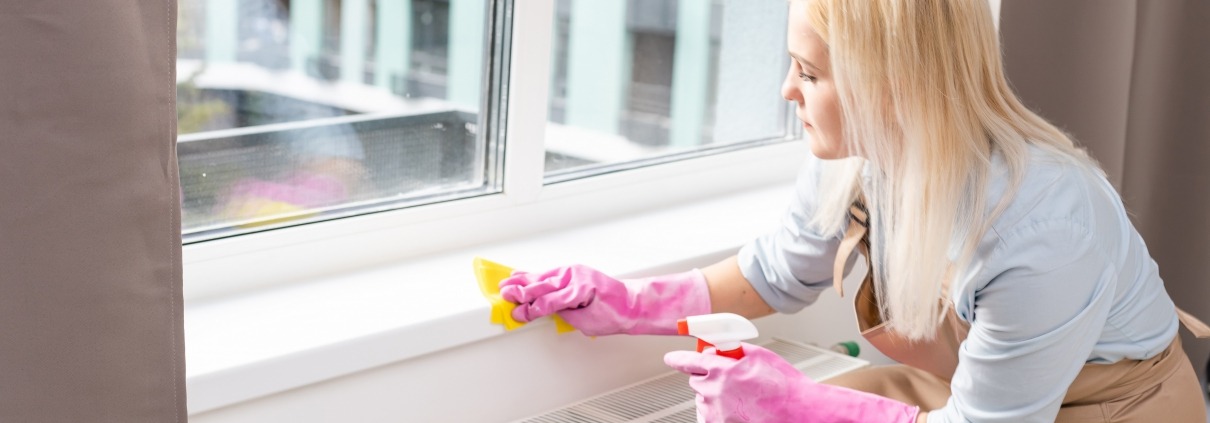 Blond young woman deep cleaning a dehumidifier to maintain air quality