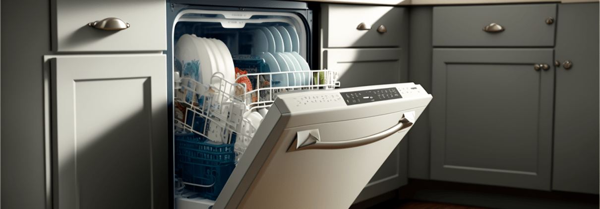 ai representation of a dishwasher with the door open in a kitchen