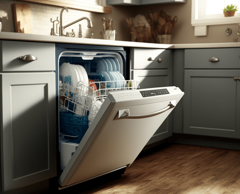 ai representation of a dishwasher with the door open in a kitchen