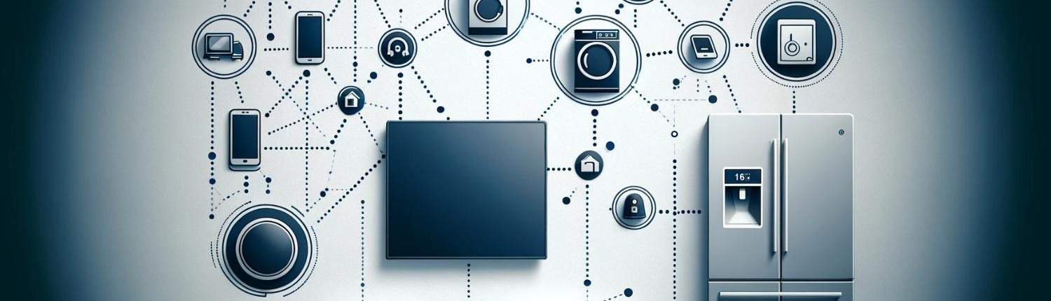A minimalistic and modern diagram showcasing digitally connected devices in a smart home