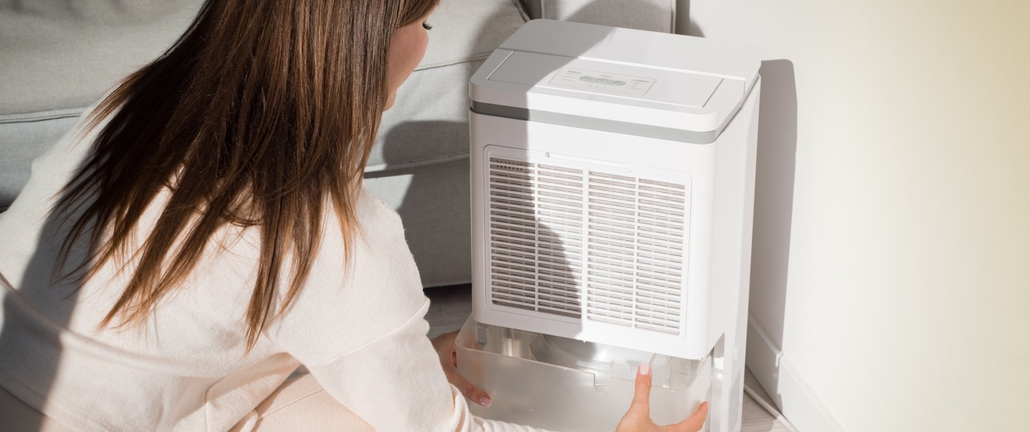 woman troubleshooting a dehumidifier