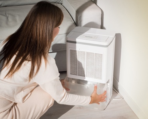 woman troubleshooting a dehumidifier
