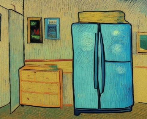 refrigerator painted in the artstyle of Van Gogh illustrating the evolution of refrigerators