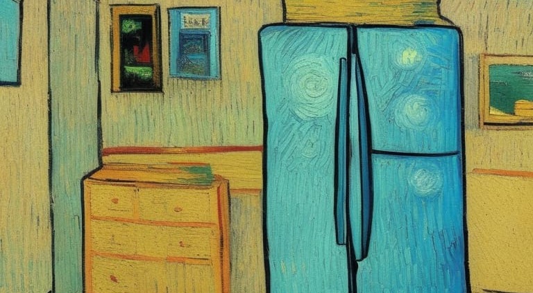 refrigerator painted in the artstyle of Van Gogh illustrating the evolution of refrigerators