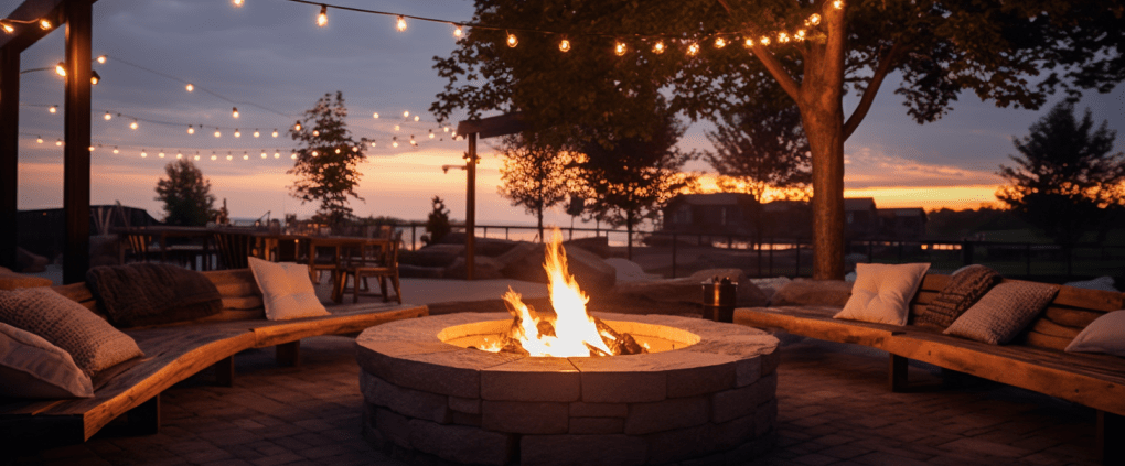 DIY fire pit area outdoors during sunset