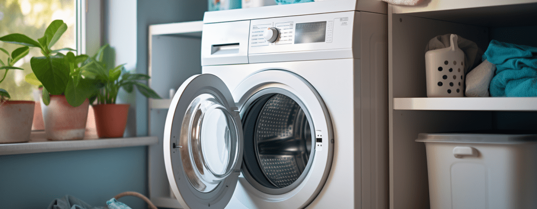 a white front load washing machine in a laundry room E09 Bosch Washer Error