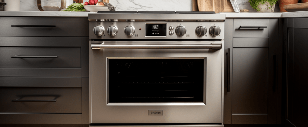 Symmetrical shot of a range in a kitchen showingE9 Thermador Range Error Code