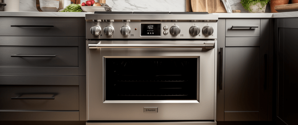 Symmetrical shot of a range in a kitchen showingE9 Thermador Range Error Code