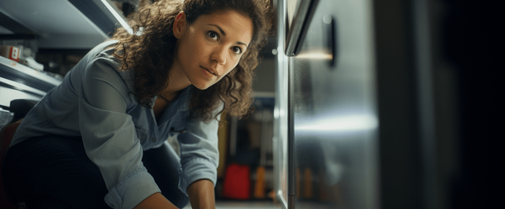 Woman learning how to level a refrigerator while doing it herself