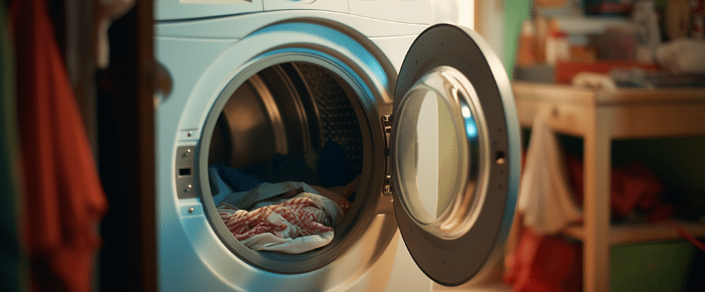 A dryer with an open door after fixing Whirlpool Duet Dryer E1 Code