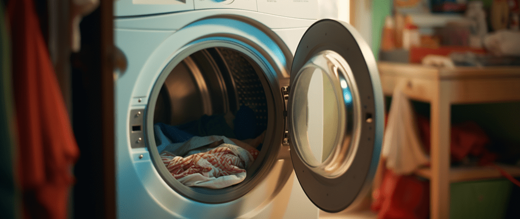 A dryer with an open door after fixing Whirlpool Duet Dryer E1 Code