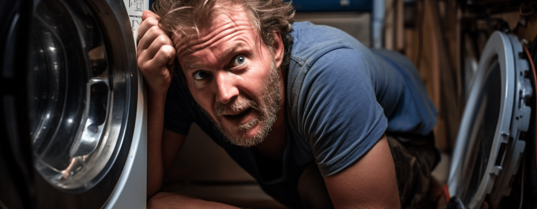 Frustrated man troubleshooting the Maytag Dryer Code AF
