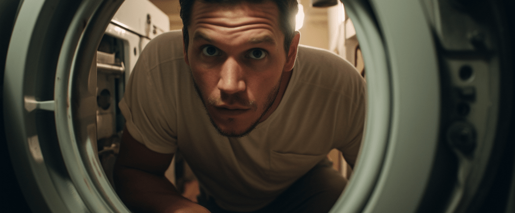 Man peering into the front of a washing machine to fix the F09 Whirlpool Washer Error Code