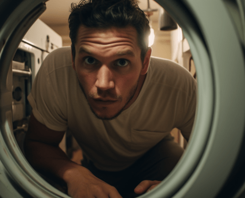Man peering into the front of a washing machine to fix the F09 Whirlpool Washer Error Code