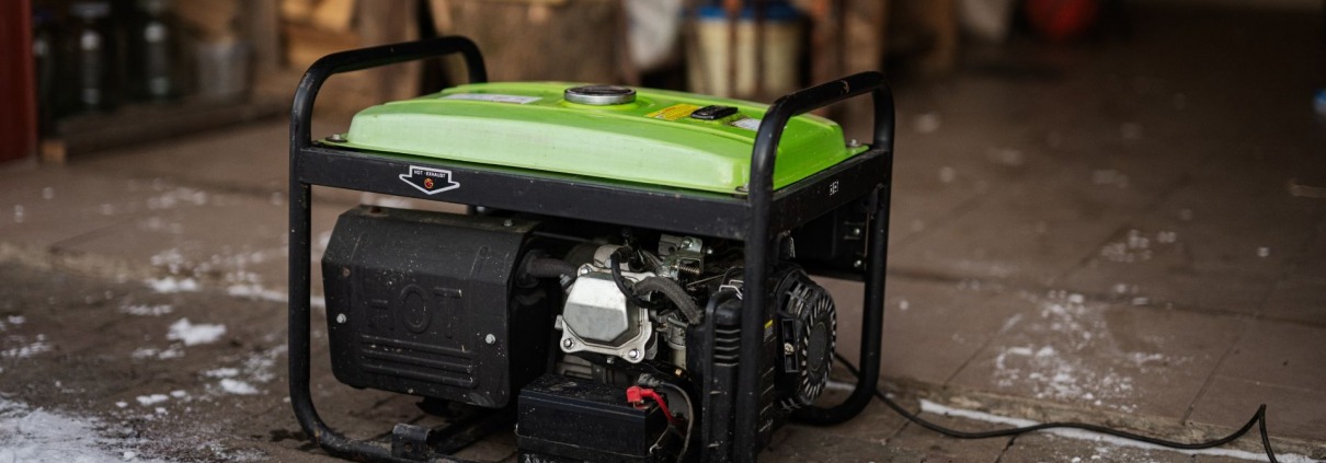 generator resting on garage floor near ice from storm