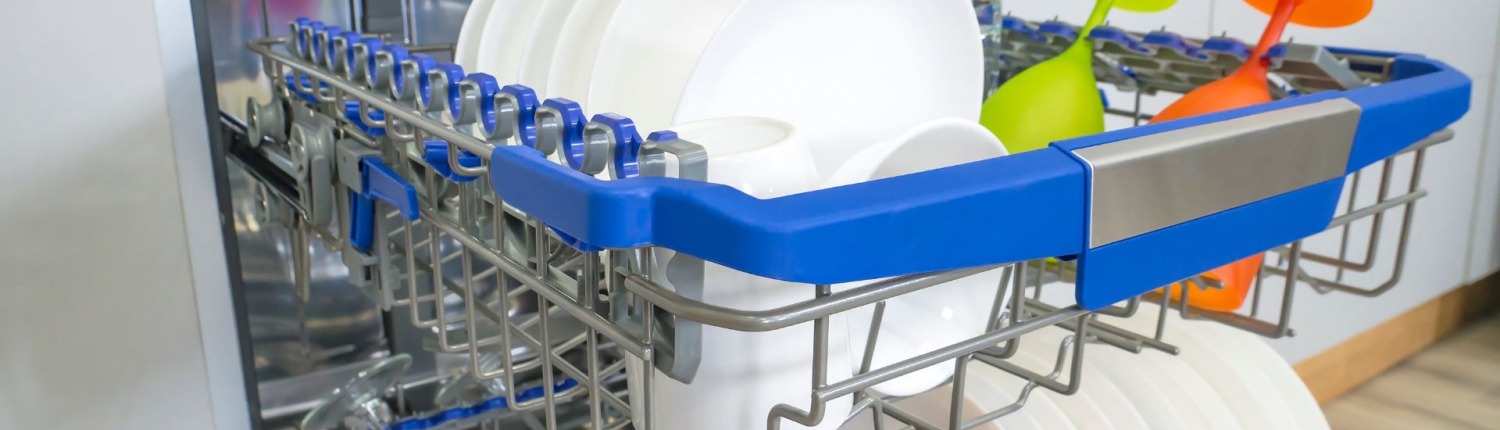 open dishwasher with colorful rack and dishes in kitchen