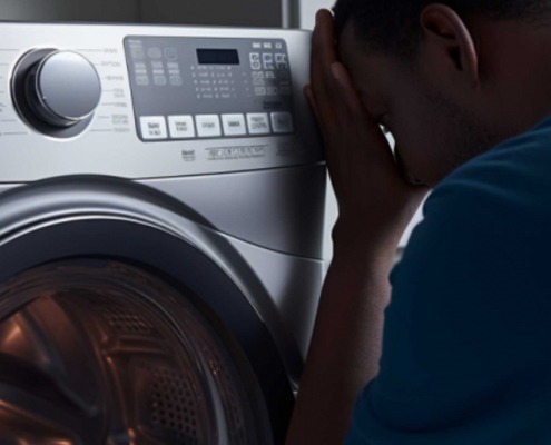 Frustrated man trying to troubleshoot aSamsung Washer E3 Code