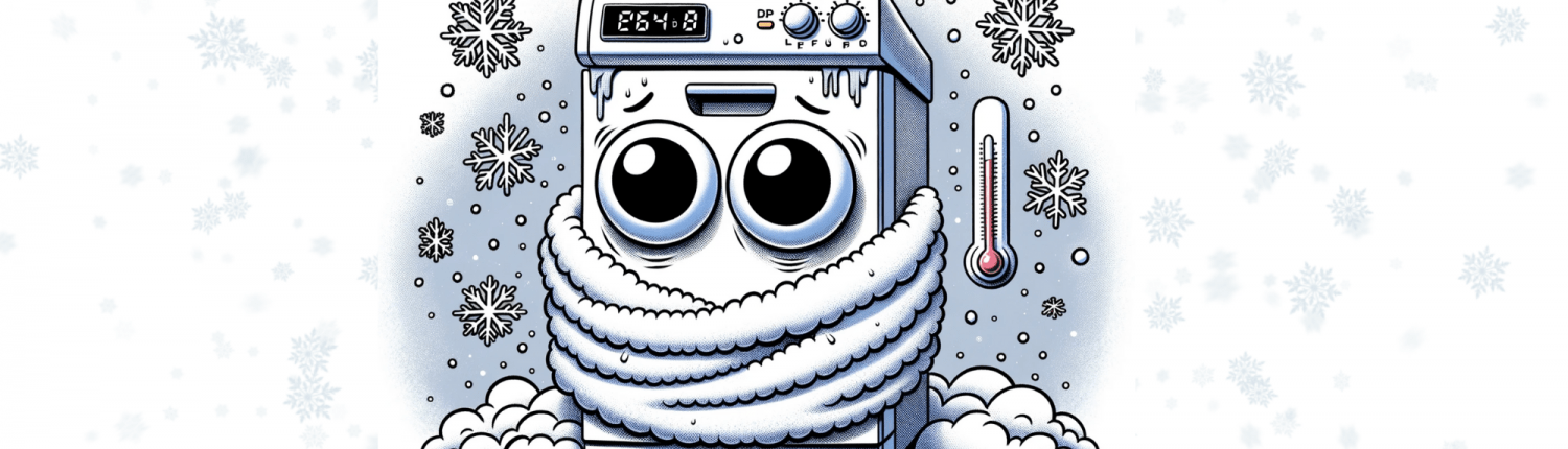Comic illustration of a dishwasher personified with large googly eyes, looking cold and miserable. The dishwasher is covered in a fluffy white blanket.png