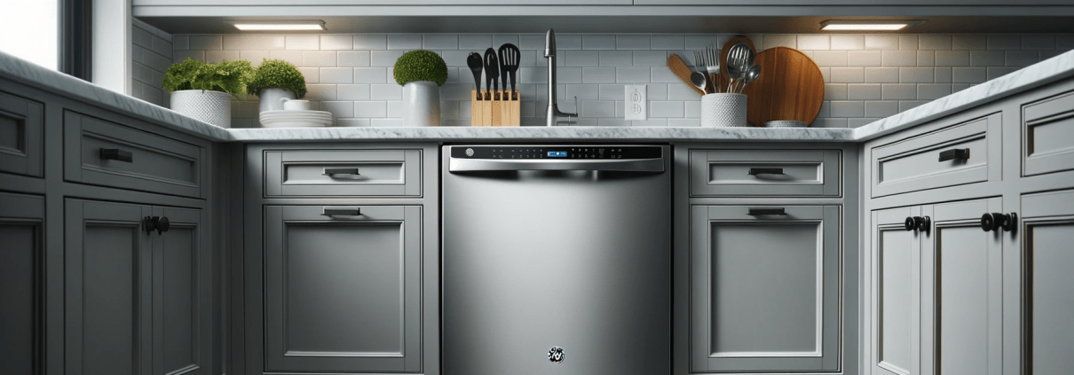 Direct front view photo of a kitchen highlighting a GE dishwasher F52 error code with its door shut, surrounded by sleek gray cabinetry
