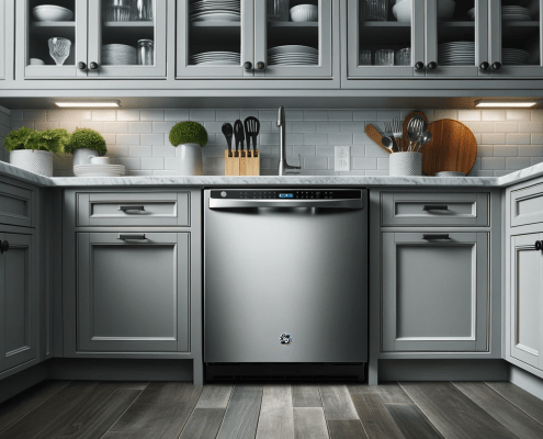 Direct front view photo of a kitchen highlighting a GE dishwasher F52 error code with its door shut, surrounded by sleek gray cabinetry