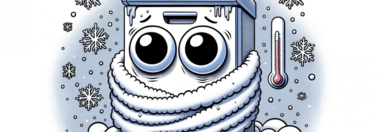 Comic illustration of a dishwasher personified with large googly eyes, looking cold and miserable. The dishwasher is covered in a fluffy white blanket.png