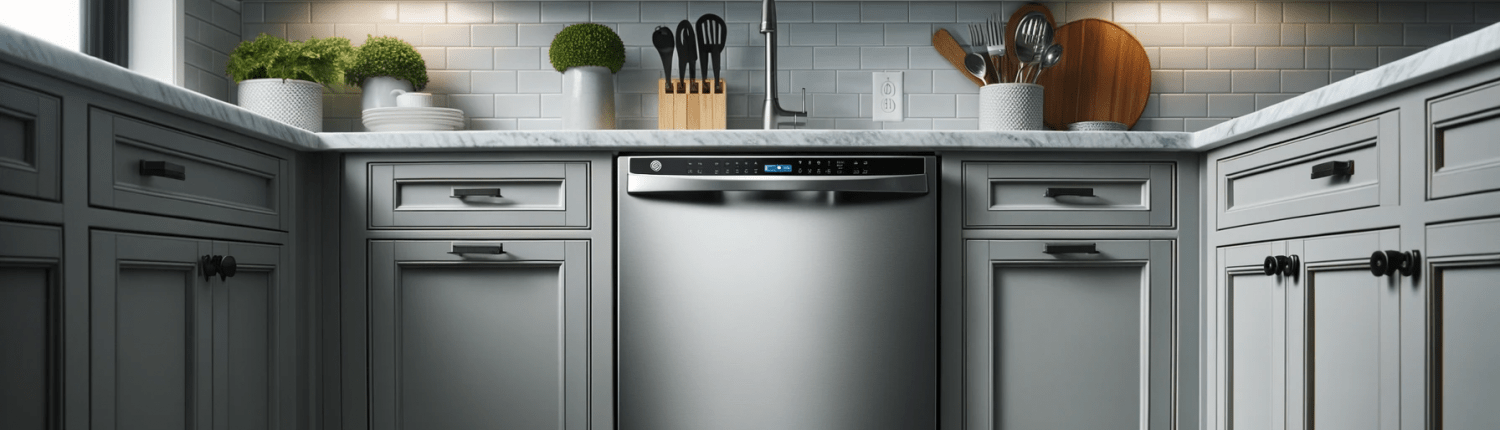 Direct front view photo of a kitchen highlighting a GE dishwasher F52 error code with its door shut, surrounded by sleek gray cabinetry