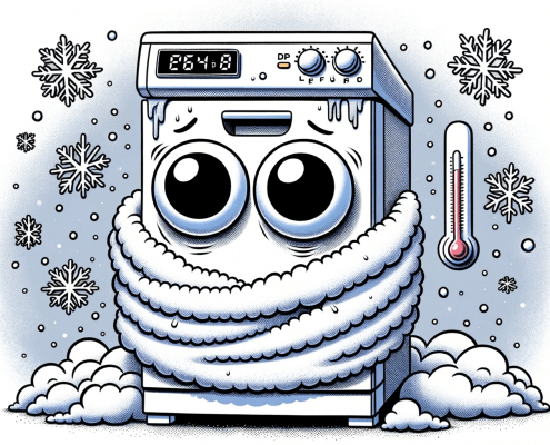Comic illustration of a dishwasher personified with large googly eyes, looking cold and miserable. The dishwasher is covered in a fluffy white blanket.png
