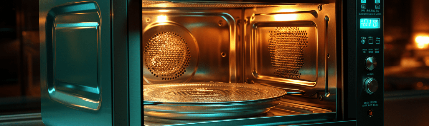 closed microwave operating with nothing inside in a dark kitchen