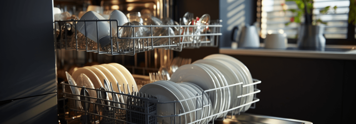 open dishwasher in sunny kitchen with clean racks of dishes and utensils