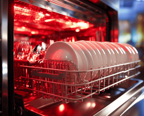 open stainless steel dishwasher with red interior light in kitchen