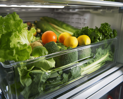 open refrigerator crisper drawer overflowing with fresh vegetables