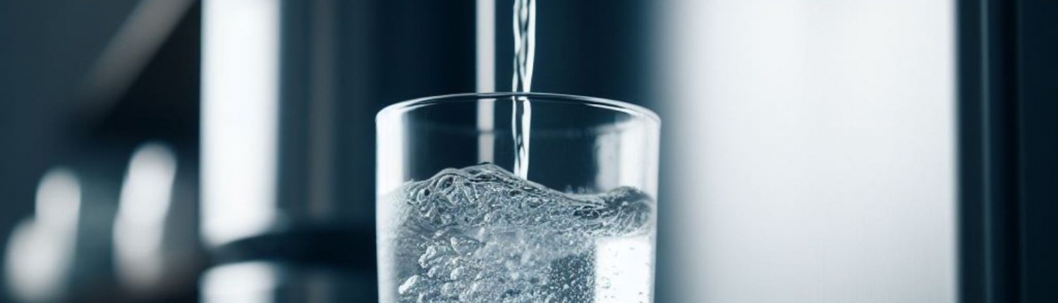 water dispenser on fridge pouring water into glass in cool light