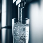 water dispenser on fridge pouring water into glass in cool light
