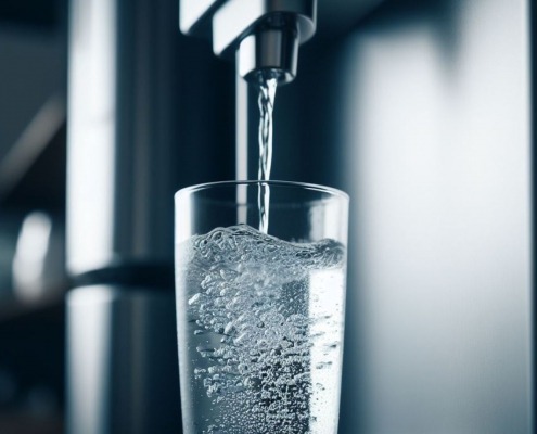 water dispenser on fridge pouring water into glass in cool light