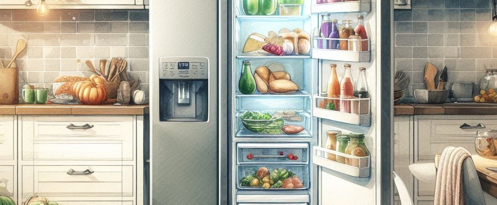 watercolor painted kitchen decorated with thanksgiving decorations and open refrigerator stocked with holiday food