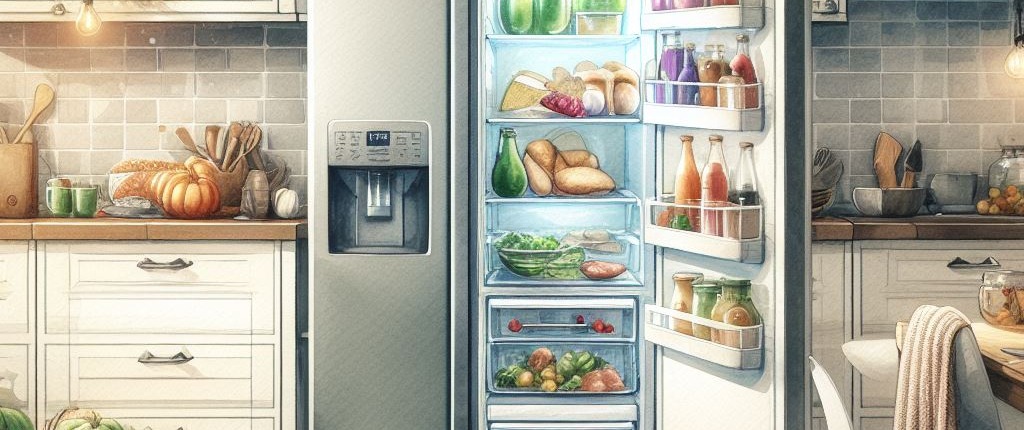 watercolor painted kitchen decorated with thanksgiving decorations and open refrigerator stocked with holiday food