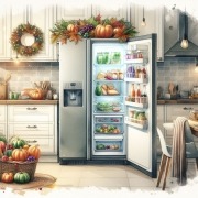 watercolor painted kitchen decorated with thanksgiving decorations and open refrigerator stocked with holiday food