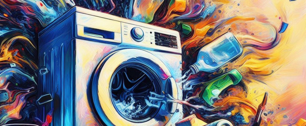 colorful abstract washing machine spitting out clothing and other fragments into the air in a room