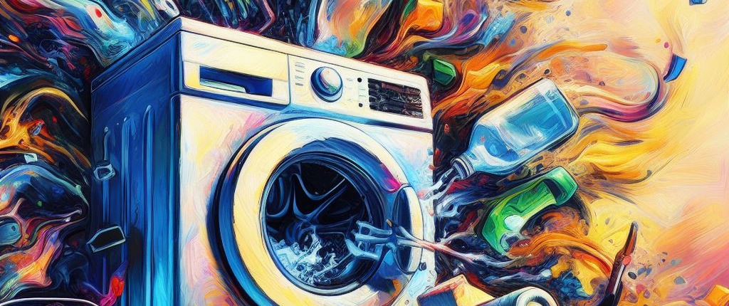 colorful abstract washing machine spitting out clothing and other fragments into the air in a room