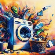 colorful abstract washing machine spitting out clothing and other fragments into the air in a room