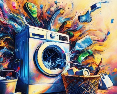 colorful abstract washing machine spitting out clothing and other fragments into the air in a room