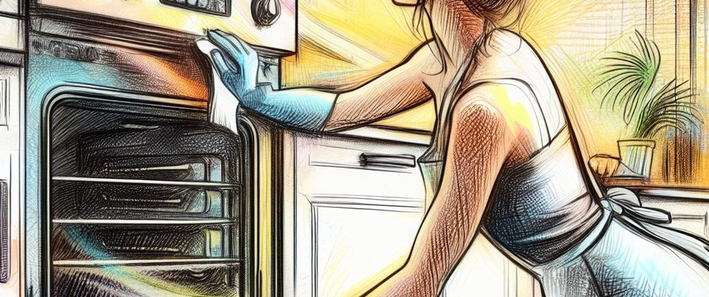 woman cleaning the outside of an oven in a kitchen in a colorful sketch