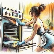 woman cleaning the outside of an oven in a kitchen in a colorful sketch
