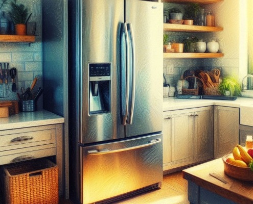 stainless steel fridge in a modern kitchen appearing as a digital impressionism