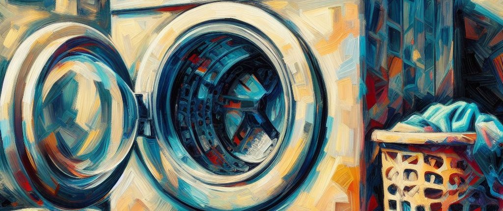 front loading washing machine in an abstract painting style with laundry baskets and other items in a room