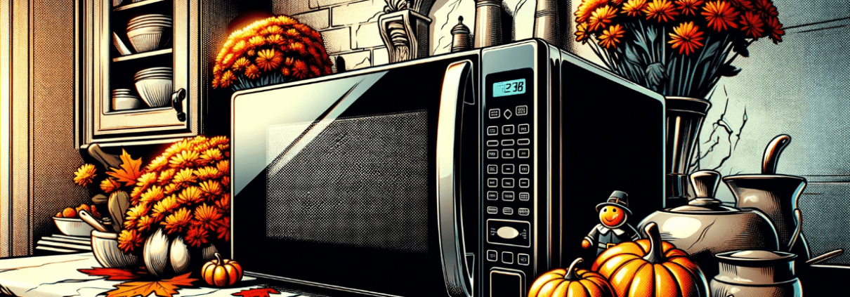 Illustration of a Microwave on a counter decorated for Thanksgiving
