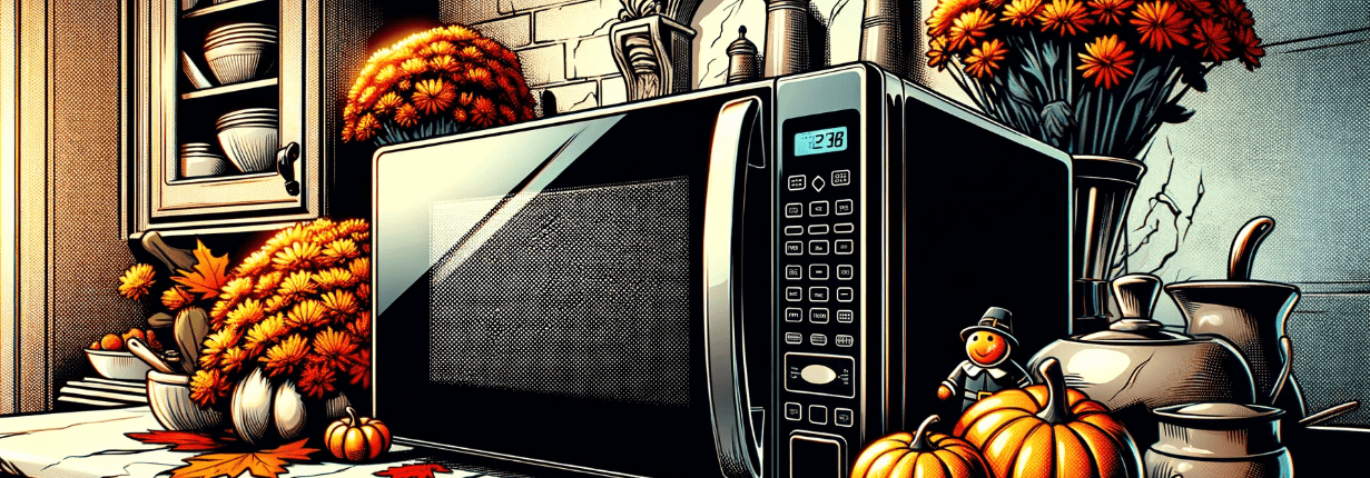 Illustration of a Microwave on a counter decorated for Thanksgiving