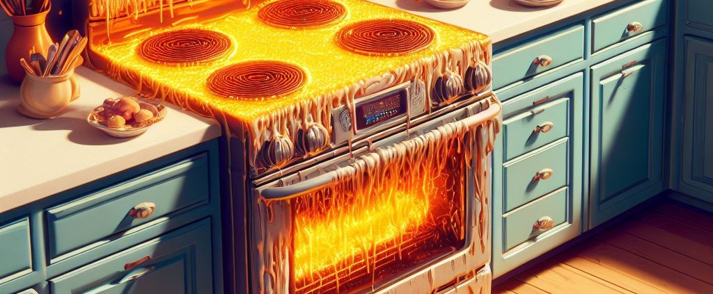 animated range malfunctioning with thanksgiving food scattered in kitchen