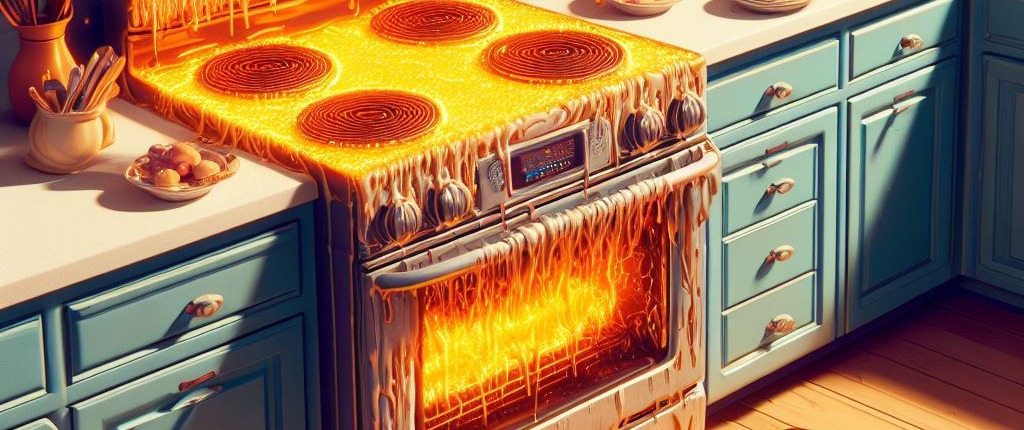 animated range malfunctioning with thanksgiving food scattered in kitchen