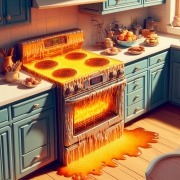 animated range malfunctioning with thanksgiving food scattered in kitchen